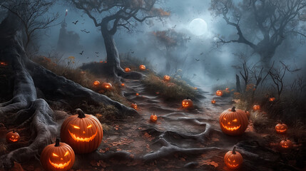 Forest path with glowing Halloween pumpkins in dark spooky forest. Mystical spooky autumn forest in Halloween night.