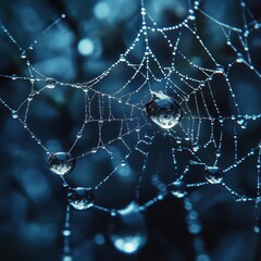 Close-up of a delicate spider web adorned with glistening water droplets, creating a mesmerizing nature scene in soft focus.