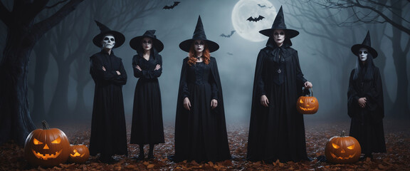 
halloween witches on a path in the middle of a black forest with halloween pumpkin