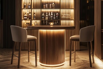 Elegant home bar design featuring a warm ambiance, stylish stools, and a well-lit display of premium spirits.