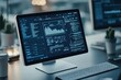 © porpia - A computer monitor displaying data analysis software with graphs, charts, and code, set in a contemporary workspace with soft lighting.