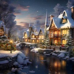 Wall Mural - Winter night in european village with christmas trees and houses