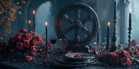 Flowers, candles, and wine set a romantic table