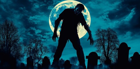 Silhouettes of a monster in a graveyard under a full moon