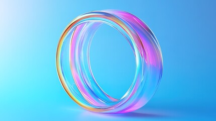 Fototapete - Abstract geometric composition with glass morphism effect 3d rendering. Colorful translucent ring with lines, holographic circle shape with gradient texture on blue background. 3D illustration 