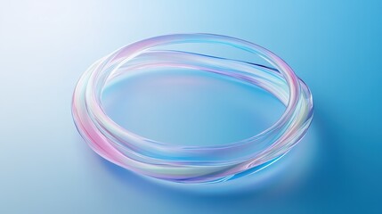 Fototapete - Abstract geometric composition with glass morphism effect 3d rendering. Colorful translucent ring with lines, holographic circle shape with gradient texture on blue background. 3D illustration 