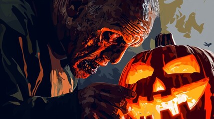 Wall Mural - Isolated background with a scary zombie and pumpkins and a Halloween holiday atmosphere