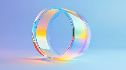 Fototapete - Abstract geometric composition with glass morphism effect 3d rendering. Colorful translucent ring with lines, holographic circle shape with gradient texture on blue background. 3D illustration 