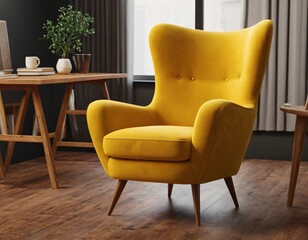 A realistic yellow armchair 3d render. Cozy comfortable office chair for indoor space design. Office interior furniture. Ai generated image