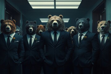 Aufkleber - The concept of hard business and financial investments is represented by dogs, bears dressed in suits, similar to businessmen investing money in the stock market.