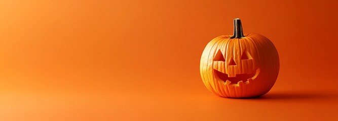 Banner design for Halloween party decoration with orange color pumpkin with carved face.