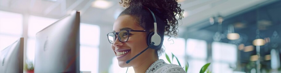 Poster - Happy female customer support representative wearing a headset and glasses, working in a bright, modern office with large windows. Providing excellent customer service with a cheerful attitude.