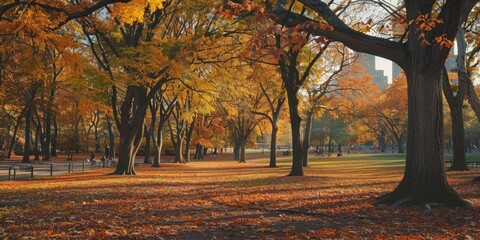 Wall Mural - A serene park scene featuring many trees fully covered in autumn leaves