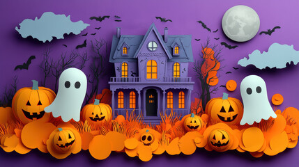 A haunted house is surrounded by glowing jack-o'-lanterns, ghosts, bats, and a full moon in a playful Halloween-themed artwork.