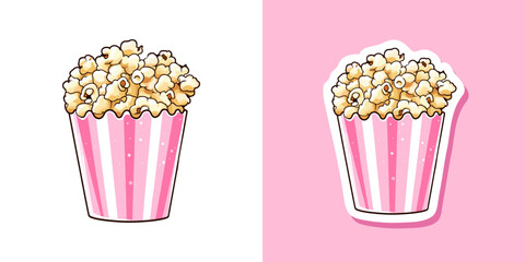 Popcorn in a pink striped bucket illustration flat design. Pop corn box isolated on white background. Cartoon sticker cinema food