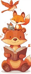 Animated watercolor drawing of a bear reading a book with friends squirrels, birds and bunnies. Educational illustration for kids showing education, school and library.