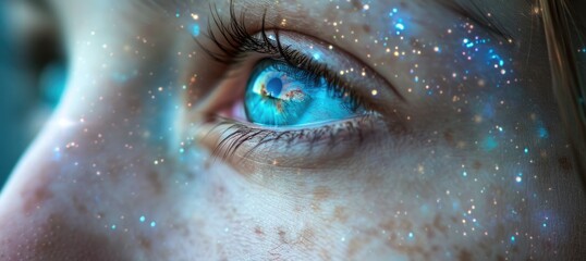 Blue eye of girl closeup. Woman looks close up. Magic, glowing specks, stars. Space inside beautiful eyes. Concept of faith in dream, hope.