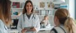 © YURIMA - In a contemporary medical office, a friendly female doctor in a white coat and stethoscope is seen consulting with two patients, delivering topnotch healthcare with a warm approach