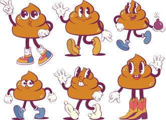 Poster - Poop retro groovy mascot characters set