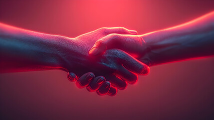 3D Render of Two Hands Shaking, Neon Red Light Illustration