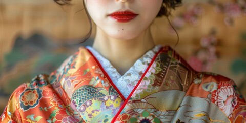 Portrait of a woman in traditional ceremonial attire in a historic setting, embodying pride and respect for culture while anticipating a tea experience