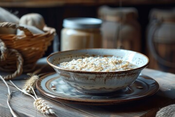 Wall Mural - A warm and inviting bowl of oatmeal sits atop a rustic wooden table, perfect for a cozy breakfast or snack