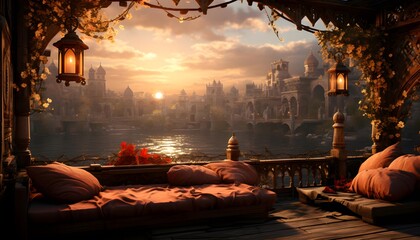 Wall Mural - Panorama of a balcony in the evening with a view of the city