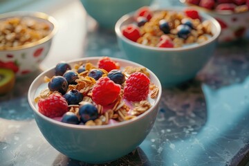 A table filled with various breakfast options, including cereals and fruits