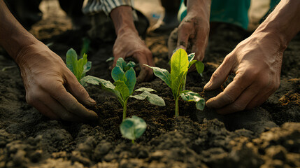 Hands of the men were planting the seedlings into the ground to dry