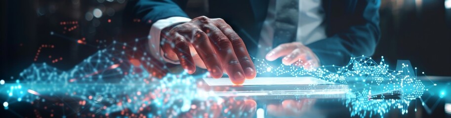 Poster - In the image, a businessmans hand is seen operating a digital interface, signifying innovation, technology, and contemporary business solutions, with futuristic data visualization in the backdrop