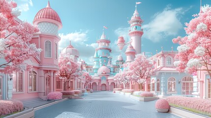 Enchanting Fantasy Village with Pink and Blue Architecture and Blossoming Trees Under a Clear Sky