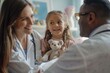 © Olsek - A doctor and a nurse smile as they interact with a young girl holding a teddy bear. The scene conveys warmth and care. Healthcare professionals offer support. Generative AI