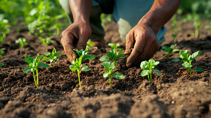 Hands of the men were planting the seedlings into the ground to dry