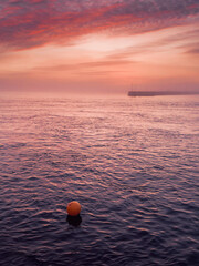 Wall Mural - a yellow buoy sits in the ocean, surrounded by water. the sky is a beautiful mix of pink and purple 