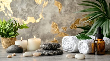 Wall Mural - Beauty treatment items for spa procedures on grey wooden table and gold marble wall. massage stones, essential oils and sea salt. candle, rolled up white towel, plants, copy space