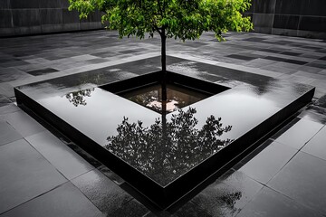 Poster - A minimalist abstract representation of a tombstone, using geometric shapes and a monochromatic color scheme to evoke reflection