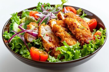 Wall Mural - A fresh and healthy salad bowl filled with grilled chicken, juicy tomatoes, crisp lettuce