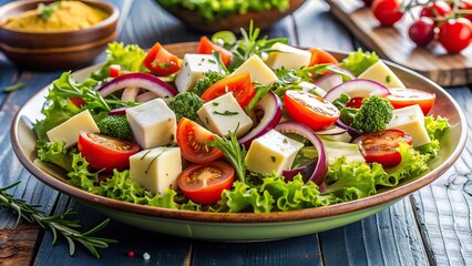 lunchtime., diet, fresh salad, close-up, gourmet lunch, A close up image of a gourmet lunch salad with a variety of fresh vegetables topped with slices of cheese and garnished with herbs