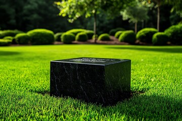 Poster - A minimalist design of a tombstone with clean lines and a simple inscription, set against a tranquil, grassy landscape