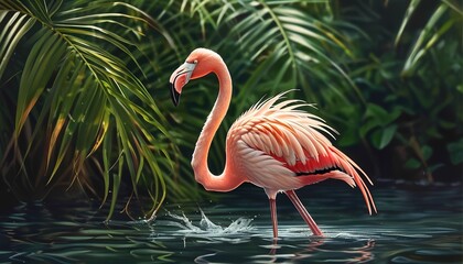 realistic photographer A flamingo wading in a tropical lagoon