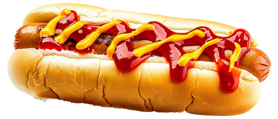 Canvas Print - Close-up of a classic hot dog with ketchup and mustard on white background