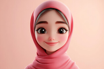 Wall Mural - A cartoon girl with a pink scarf on her head