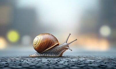 A close-up of a snail on a blurred urban background, showcasing its intricate shell and slow movement in a bustling environment.