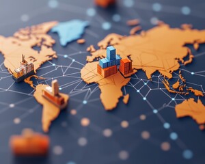 A colorful 3D map illustrating global trade with shipping containers and connections, highlighting international commerce.