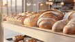 © Wimon - 3D display case filled with baked bread and pastries, homely bakery vibe, 3D illustration