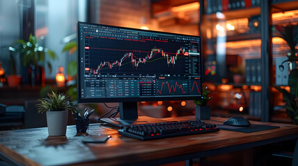 Computer Screen Showing Stock Market Charts - Realistic Image