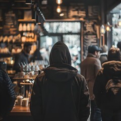 Poster - mysterious hooded figure blending into the crowd in a dimly lit cafe hacker concept with digital sec