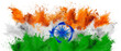 © stockphoto-graf - colorful flag of india with orange white green an blue color holi paint powder explosion isolated white background. indian  national asian travel and tourism concept.