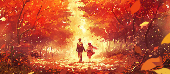 Autumn forest pathway with anime couple, falling leaves in vibrant colors
