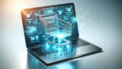 Wall Mural - Laptop with Holographic Shopping Cart concept as Vertical shot of a laptop standing open on a white background with a glowing holographic shopping cart floating above the keyboard offering a tech focu